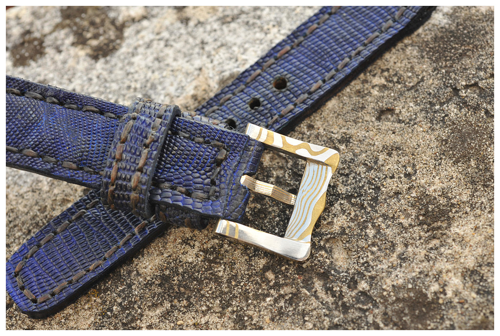 Blue Lizzard Skin Strap and Mokume Buckle